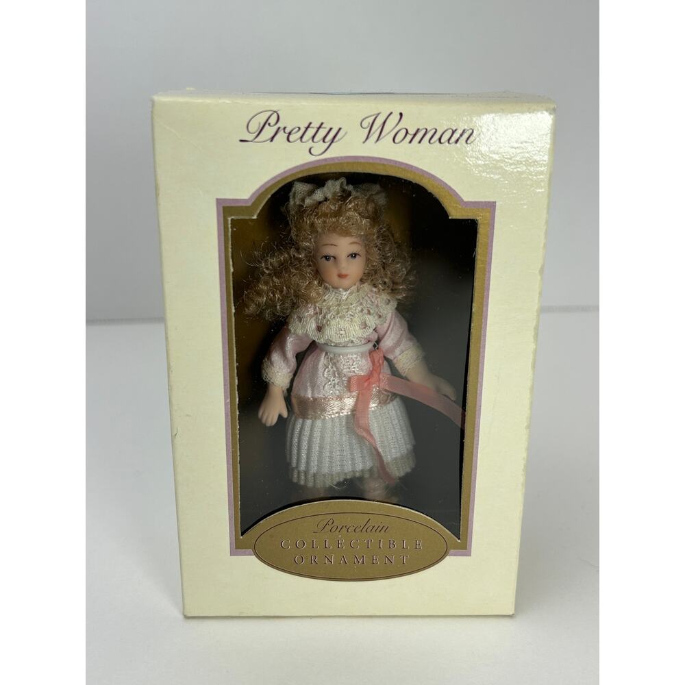 Pretty Woman Porcelain Doll Ornament Light Pink Lace Dress Blonde Curls 2004